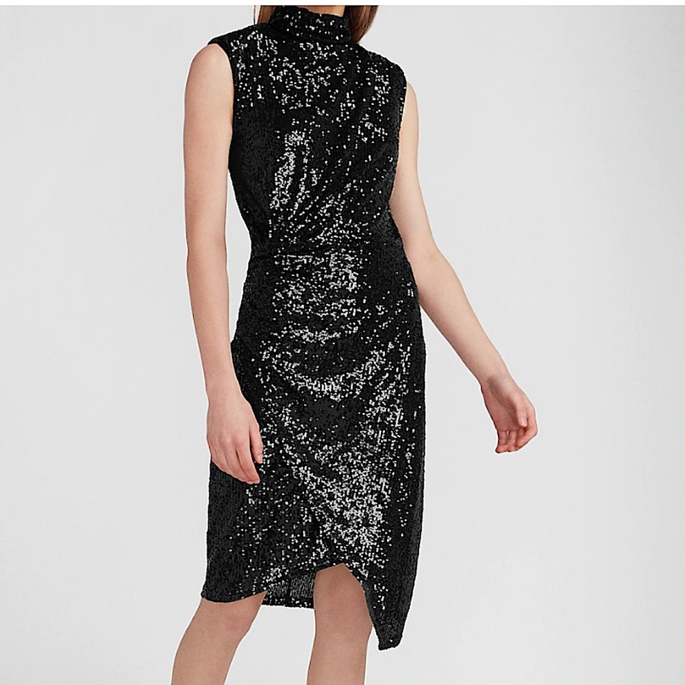 Express Sequin Asymmetrical Mock Neck Dress